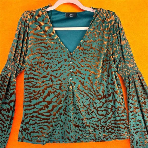 Vici Blue Bell Sleeve Velvet Bronze Animal Print Oversized Blouse Sz Large - Picture 4 of 9